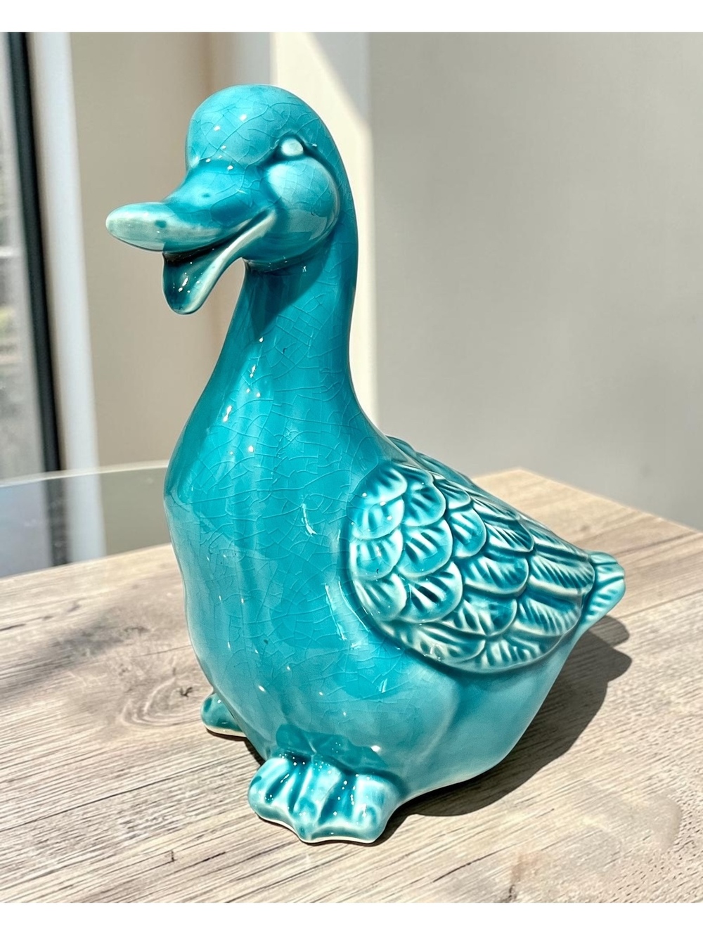 Turquoise Blue Crackle Glaze Ceramic Duck Figurine Kitchen Farmhouse Decor